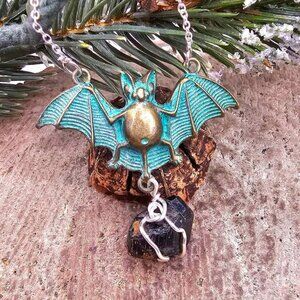Flying Bat Nature Black Tourmaline Raw Stone Pendant Necklace